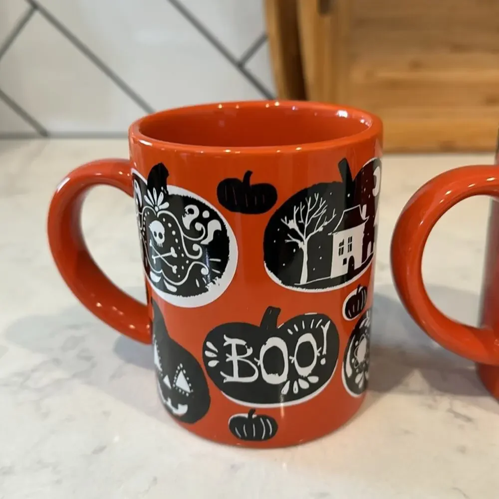 Crate & Barrel Halloween mugs BOO PUMPKINS Orange Black 14 oz x3